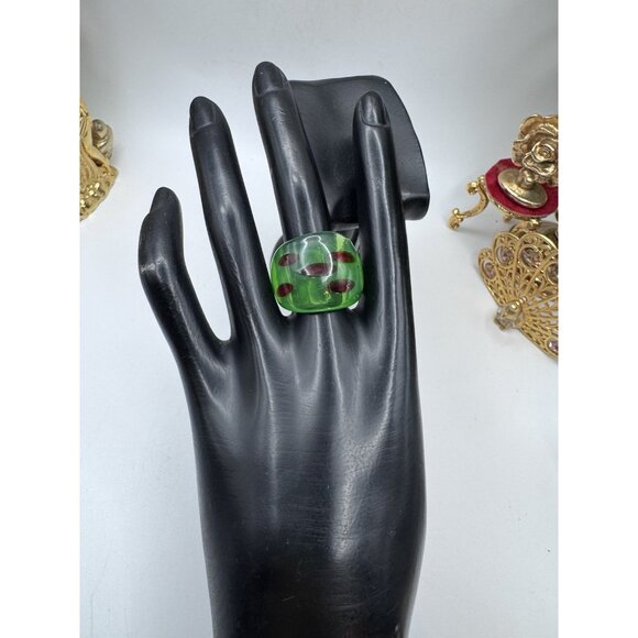 Bohemian Art Abstract Green And Red Watermelon Hand Blown Glass Bling Ring sz 7 - Picture 2 of 9